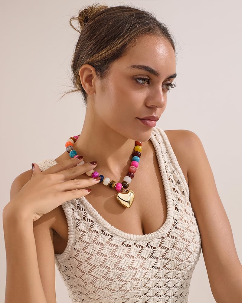 FAUTHENTICUTE Chunky Gold Heart Necklaces For Women With Colorful Beads Boho Beaded Statement Necklace Short Heart Choker Necklace Gift - Image 3