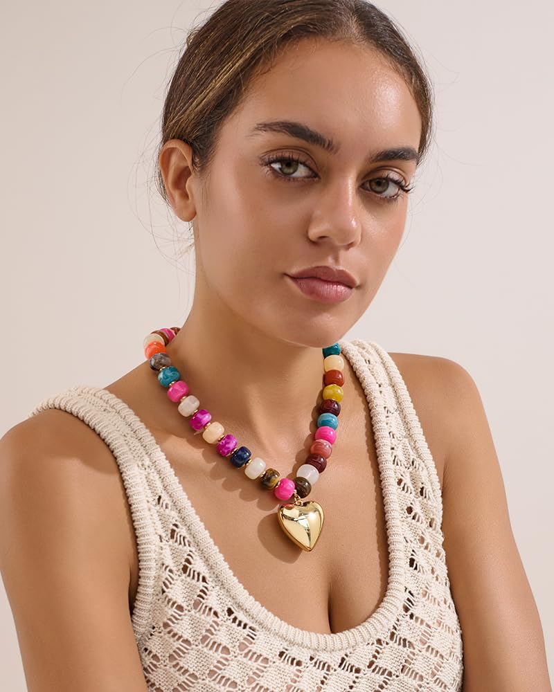 FAUTHENTICUTE Chunky Gold Heart Necklaces For Women With Colorful Beads Boho Beaded Statement Necklace Short Heart Choker Necklace Gift - Image 2