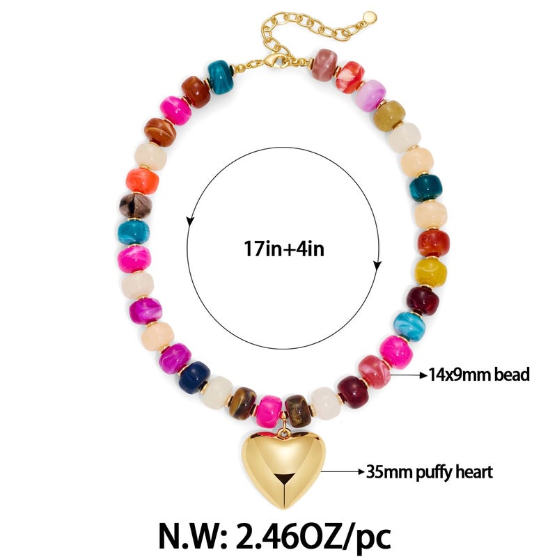 FAUTHENTICUTE Chunky Gold Heart Necklaces For Women With Colorful Beads Boho Beaded Statement Necklace Short Heart Choker Necklace Gift - Image 5
