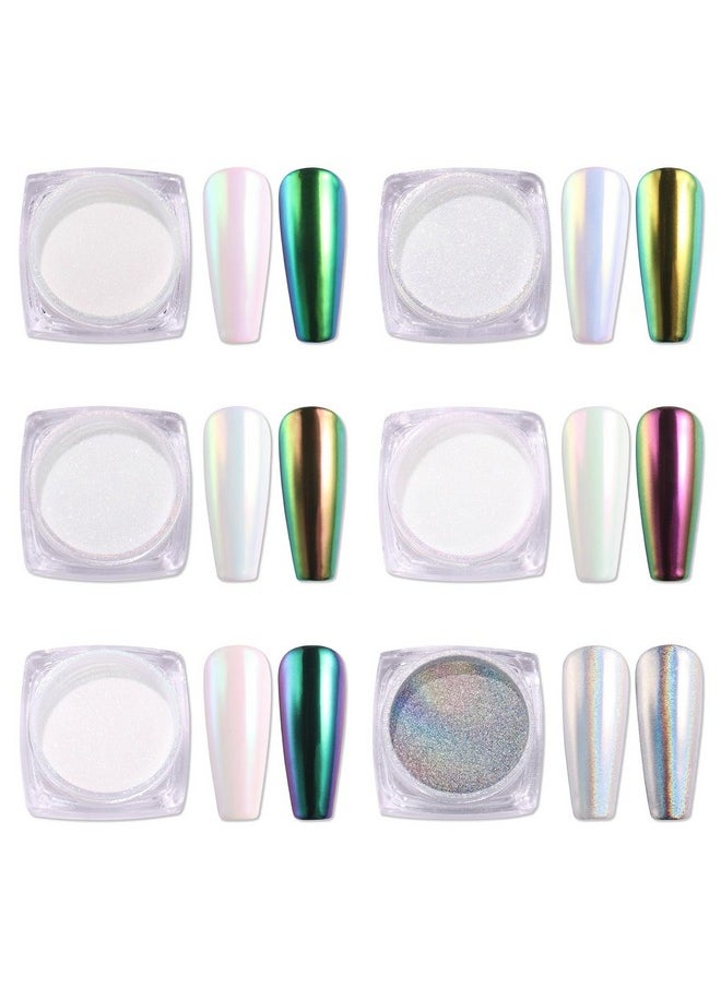 AIMEILI AIMEILI Pearl Chrome Nail Powder 6 Boxes Nail Art Manicure Powder Set, 1×0.5g Holographic Powder, 5×0.5g Chrome Nail Powder  - Image 1