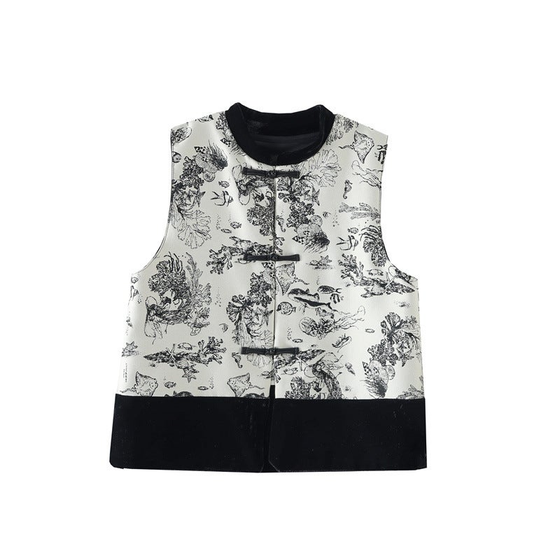 European Station national style buckle small shirt ink Tang suit jacquard vest vest high-grade Chinese velvet coat top Ink painting vest