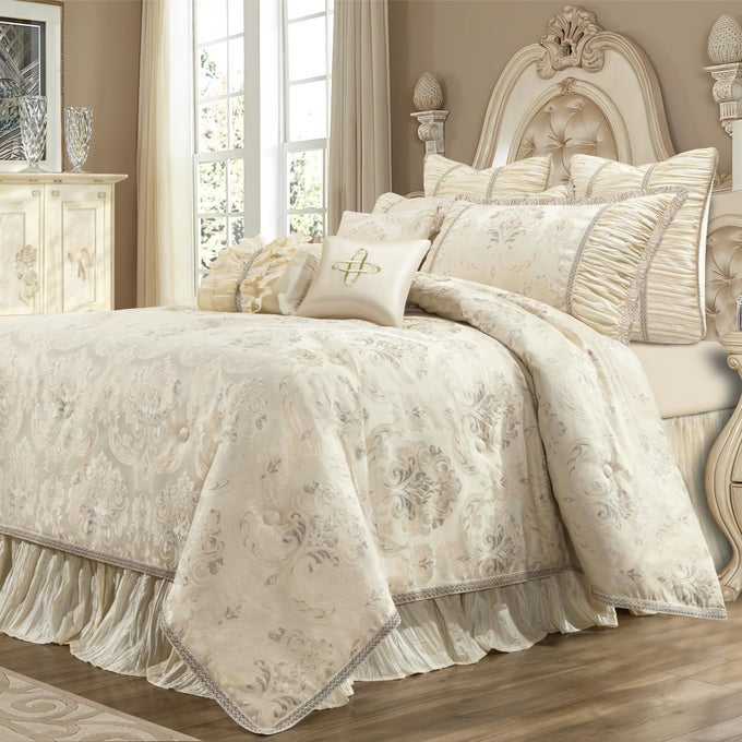 LUXURY COMFORTER SET JACQUARD FLORAL DESIGN COMFORTER KING SETS FOR BEDROOM QUALITY BEDDING SET PRINCESS STYLE WITH EURO SHAMS BEDSKIRT DECORATIVE PILLOWS CREAMY APRICOT 9 PIECES