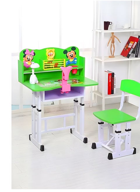 An educational children's desk consisting of a study table and chair equipped with a clock and a wooden counter