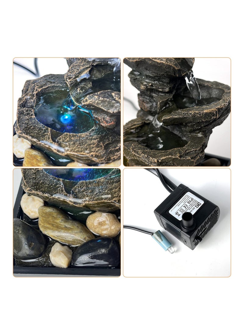 Tabletop Fountain Waterfall Meditation Function with LED Light 4 Tier Rock Indoor Zen Relaxation Desktop for Home Decoration - Image 1