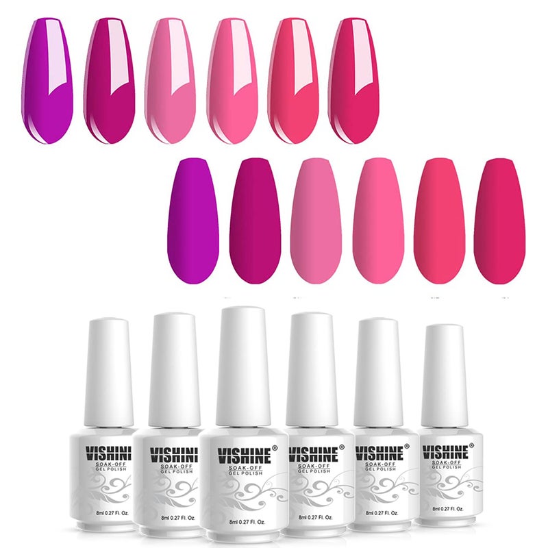 Vishine Hot Pink Fuchsia Gel Nail Polish Set  6PCS Colors Magenta Purple Gel Polish Soak Off Gel Polish Set Nail Art LED UV Nail Lamp Cured8ml Each Bottle Nail Gel Kit Glamour Gifts