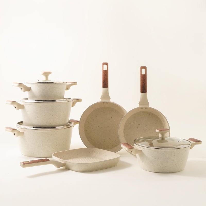 ألبرتو طقم أواني طهي ألامنيوم 11 قطعة، كريمي - Image 1