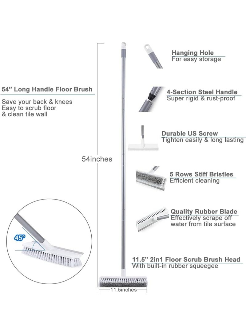 2Pcs Floor Scrub Brush with Long Handle 54''- Stiff Bristle 2 in 1 Shower Scrubber with Squeegee Cleans Kitchen, Wall, Tile, Grout, Tub and Carpet, Brush Broom Scrubbing Garage, Patio Deck  - Image 4