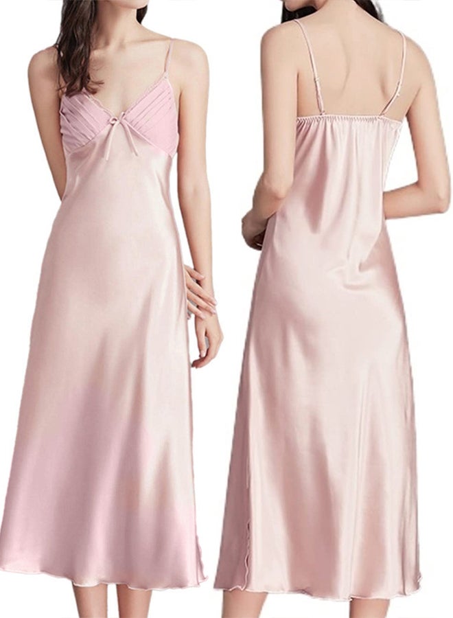 MARGOUN Women Nightdress Long Nightgown Artificial Silk Solid Color Deep-V Backless Sleepwear Nightie Nightwear Pale Pinkish  - Image 2