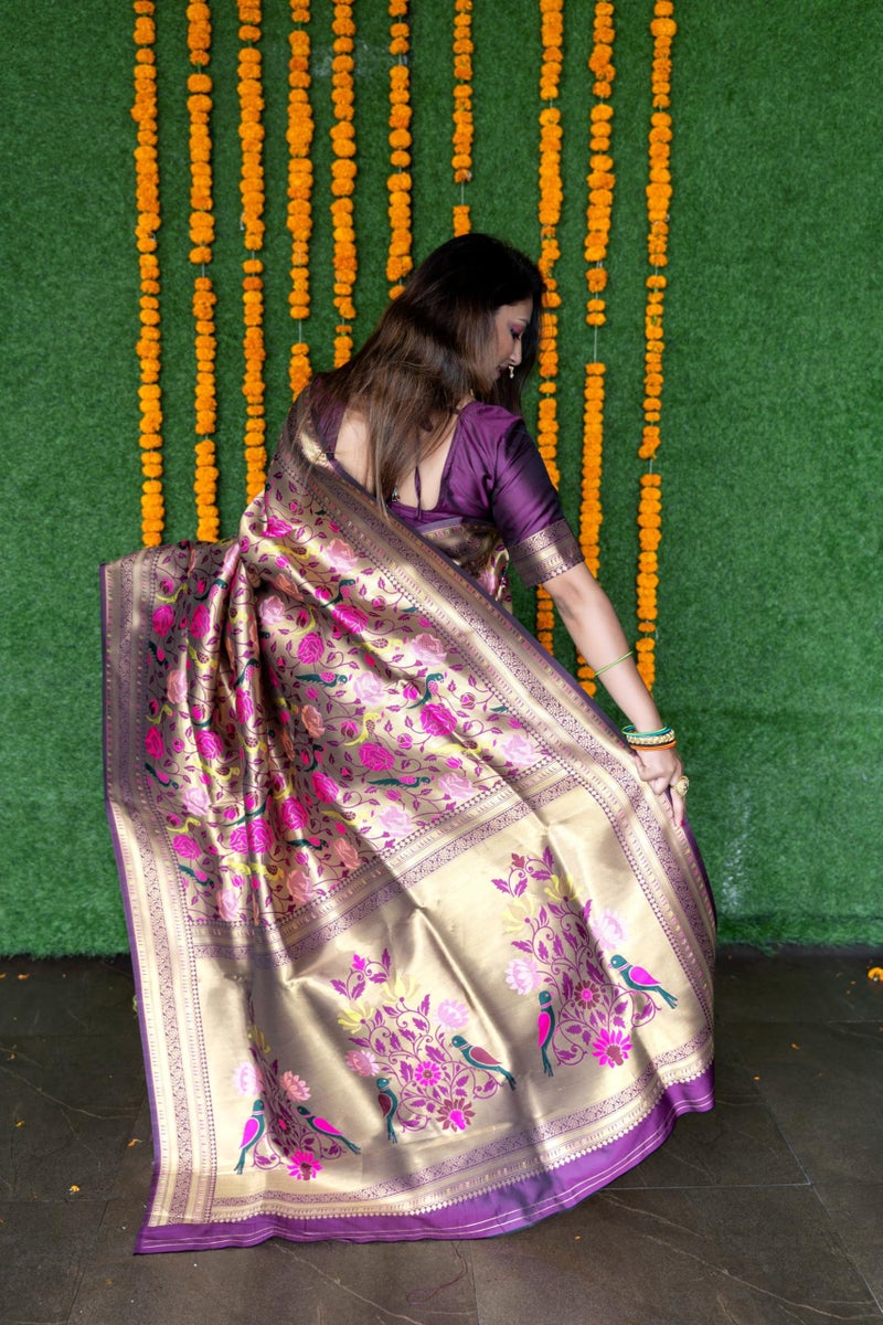 AMIRAT Women's Paithani Silk Saree and Unstitched Zari Woven Blouse Piece | Sari for Women Silk | Wine - Image 5