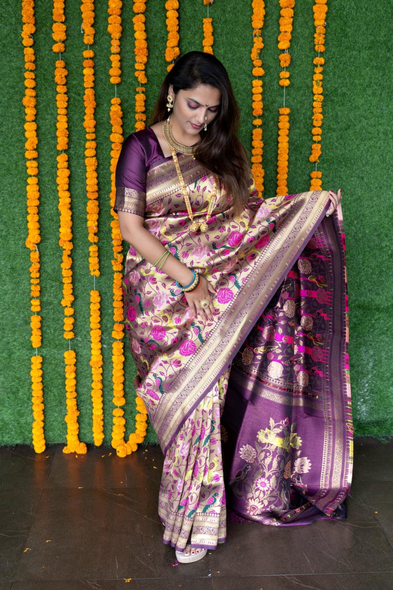 AMIRAT Women's Paithani Silk Saree and Unstitched Zari Woven Blouse Piece | Sari for Women Silk | Wine - Image 2