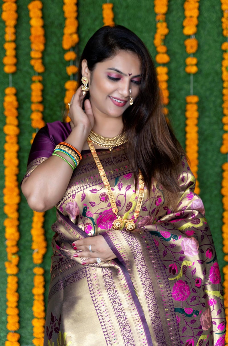 AMIRAT Women's Paithani Silk Saree and Unstitched Zari Woven Blouse Piece | Sari for Women Silk | Wine - Image 3