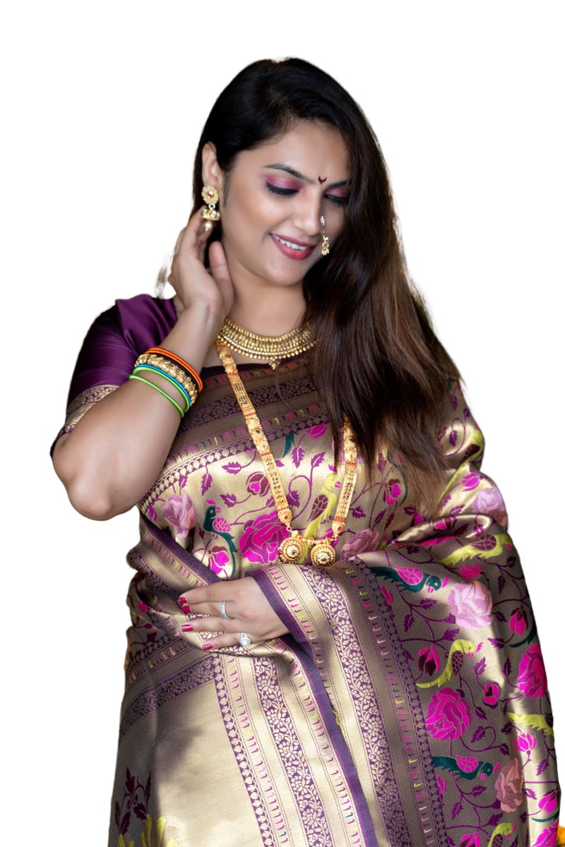 AMIRAT Women's Paithani Silk Saree and Unstitched Zari Woven Blouse Piece | Sari for Women Silk | Wine - Image 1