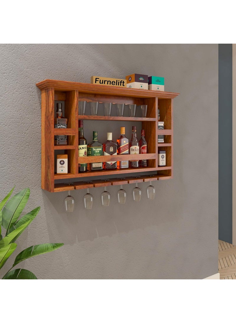 Furnelift Furnelift Sheesham Wood Wall Mounted Wine Rack Mini Bar Cabinet for Home Handcrafted Elegance Teak Finish  - Image 2