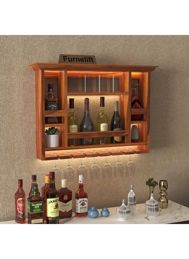 Furnelift Furnelift Sheesham Wood Wall Mounted Wine Rack Mini Bar Cabinet for Home Handcrafted Elegance Teak Finish  - Image 1