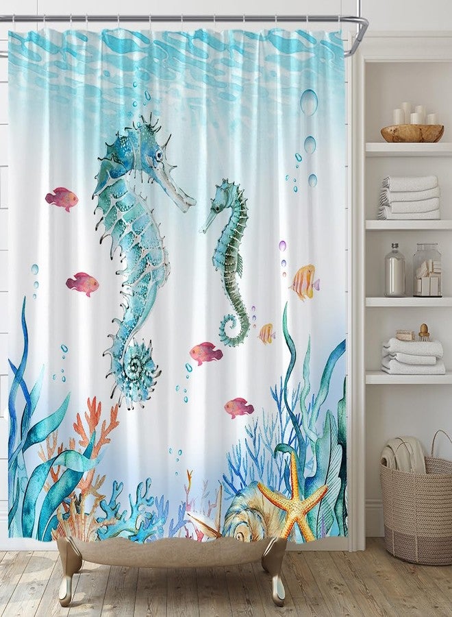 YSATNSFT Seahorse Shower Curtain Nautical Coastal Beach Ocean Blue Coral Underwater Marine Life Home Fabric Bathroom Decor Set Include Hooks,(70" WX70 H) - Image 1