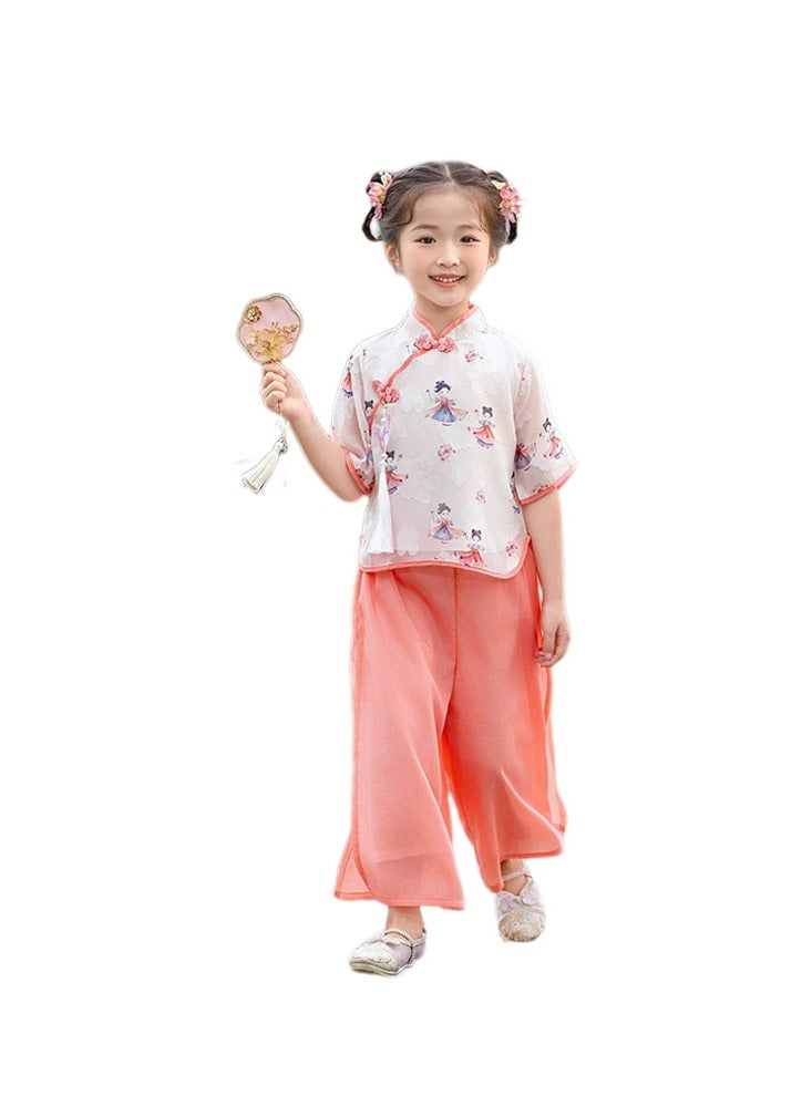 LiangSanZhi Girl's Chinese Style Outfit - Summer Hanfu 2-Piece Set with Wide-Leg Pants, Tang Dynasty Inspired Traditional Costume for Kids  - Image 1