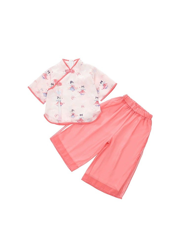 LiangSanZhi Girl's Chinese Style Outfit - Summer Hanfu 2-Piece Set with Wide-Leg Pants, Tang Dynasty Inspired Traditional Costume for Kids  - Image 2