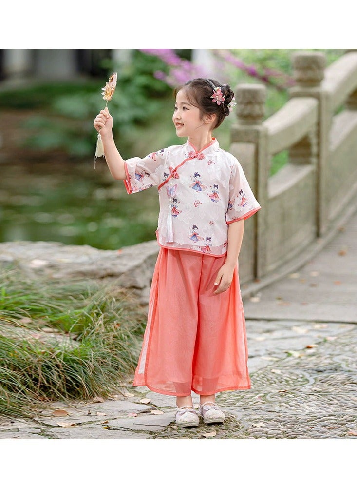 LiangSanZhi Girl's Chinese Style Outfit - Summer Hanfu 2-Piece Set with Wide-Leg Pants, Tang Dynasty Inspired Traditional Costume for Kids  - Image 4
