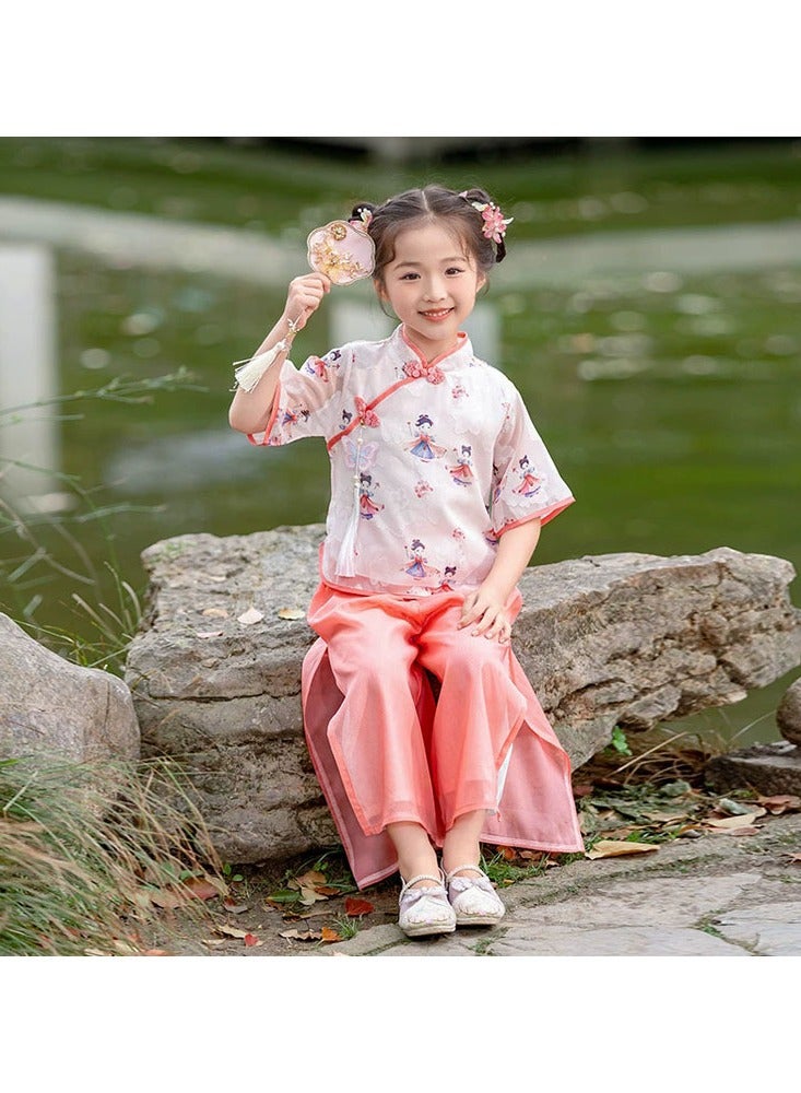 LiangSanZhi Girl's Chinese Style Outfit - Summer Hanfu 2-Piece Set with Wide-Leg Pants, Tang Dynasty Inspired Traditional Costume for Kids  - Image 3