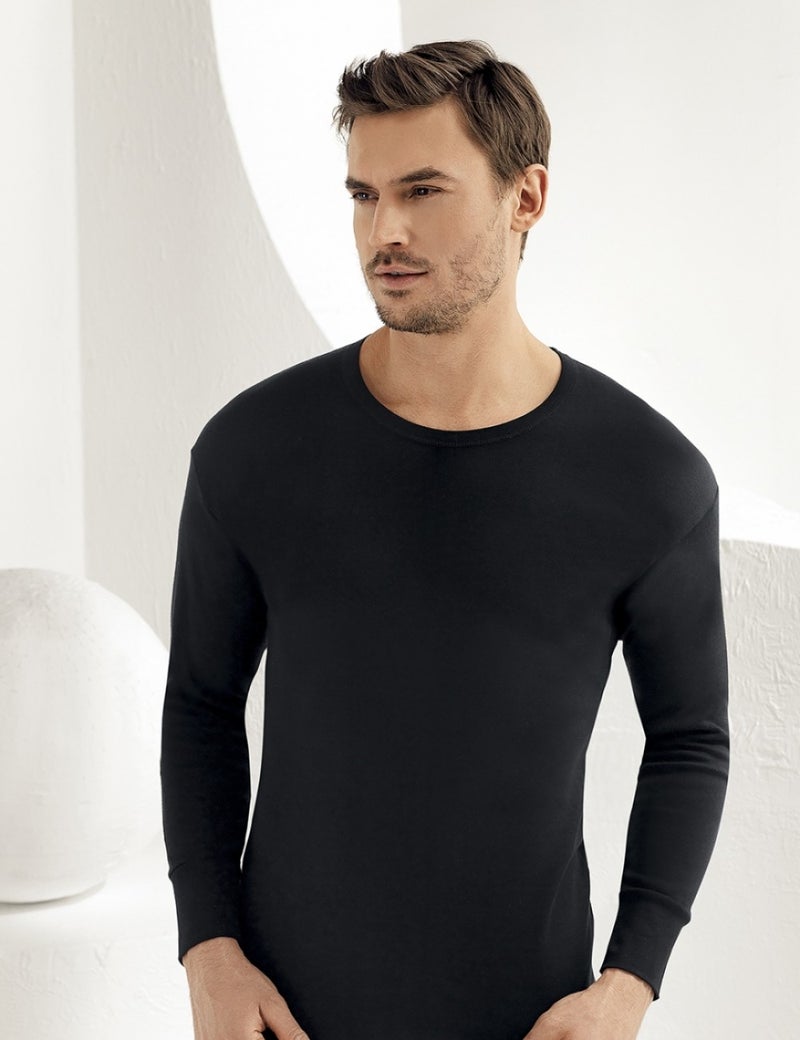 Şahinler Men's Black Long Sleeve Crew Neck Interlock Underwear ME016  - Image 1