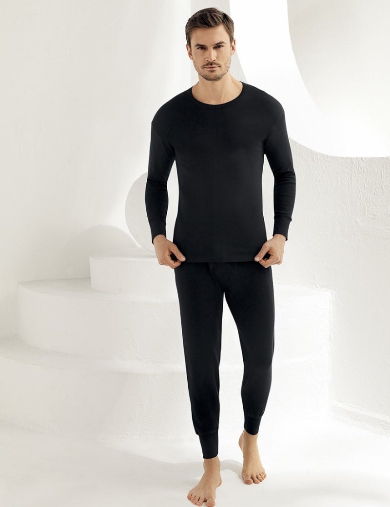 Şahinler Men's Black Long Sleeve Crew Neck Interlock Underwear ME016  - Image 2