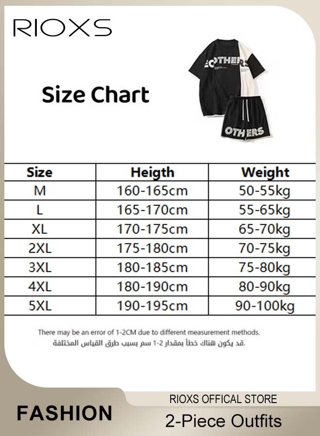 Men's Two Piece Set,Comfy Waffle Outfits,Loose Short-Sleeved Tops And Drawstring Waist Shorts,Casual Fashionable Colour Blocking Short Sleeve T-shirt And Shorts,Crewneck Tee And Shots For Men