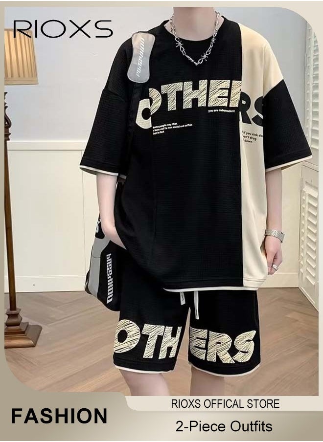 RIOXS Men's Two Piece Set,Comfy Waffle Outfits,Loose Short-Sleeved Tops And Drawstring Waist Shorts,Casual Fashionable Colour Blocking Short Sleeve T-shirt And Shorts,Crewneck Tee And Shots For Men  - Image 1