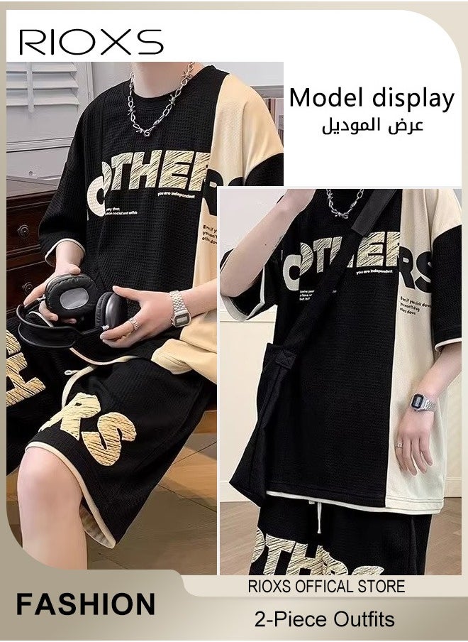 RIOXS Men's Two Piece Set,Comfy Waffle Outfits,Loose Short-Sleeved Tops And Drawstring Waist Shorts,Casual Fashionable Colour Blocking Short Sleeve T-shirt And Shorts,Crewneck Tee And Shots For Men  - Image 4
