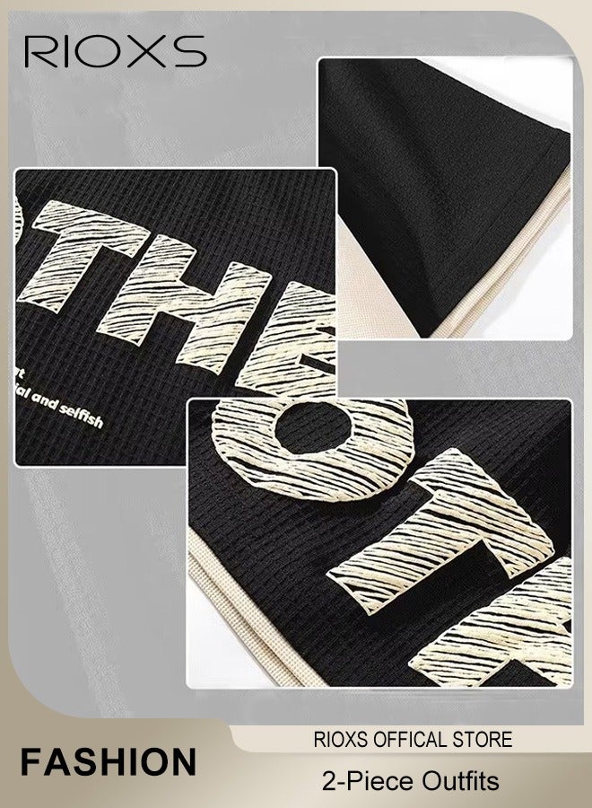 Men's Two Piece Set,Comfy Waffle Outfits,Loose Short-Sleeved Tops And Drawstring Waist Shorts,Casual Fashionable Colour Blocking Short Sleeve T-shirt And Shorts,Crewneck Tee And Shots For Men
