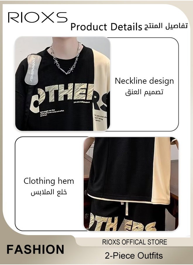 RIOXS Men's Two Piece Set,Comfy Waffle Outfits,Loose Short-Sleeved Tops And Drawstring Waist Shorts,Casual Fashionable Colour Blocking Short Sleeve T-shirt And Shorts,Crewneck Tee And Shots For Men  - Image 5