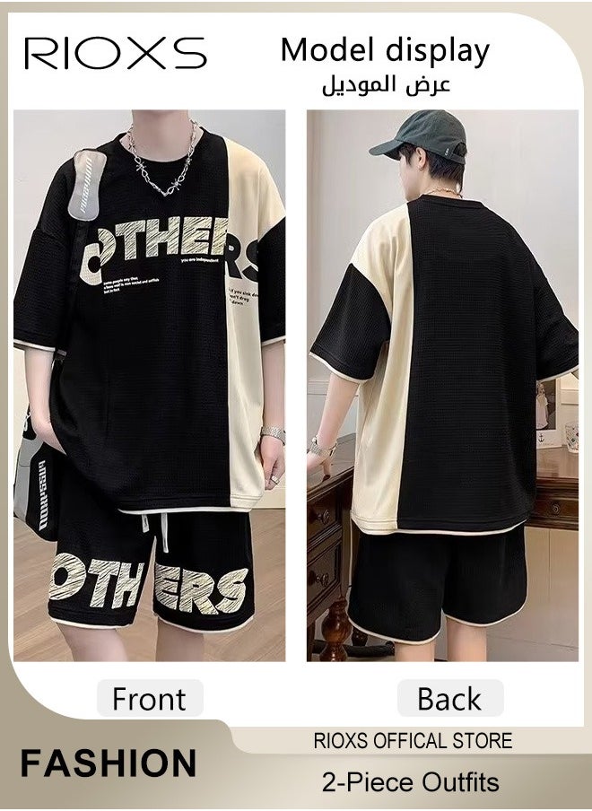 RIOXS Men's Two Piece Set,Comfy Waffle Outfits,Loose Short-Sleeved Tops And Drawstring Waist Shorts,Casual Fashionable Colour Blocking Short Sleeve T-shirt And Shorts,Crewneck Tee And Shots For Men  - Image 3