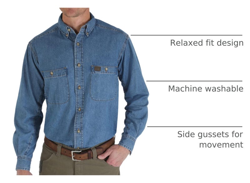 Wrangler Long Sleeve Denim Work Shirt, Antique Navy, Medium - Image 4