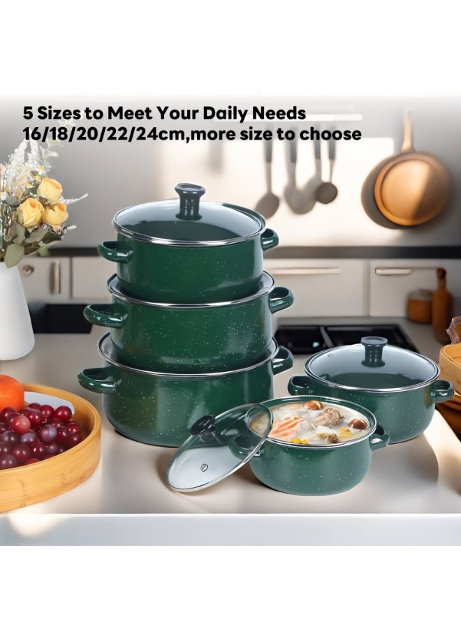 Sharpdo 10-Piece Enamel Cookware Set, Non-Stick Surface  Enamel Pots Sets for Soup, Kitchen Essential Bundle Pots and Pans Set with 16/18/20/22/24cm (Green)  - Image 1