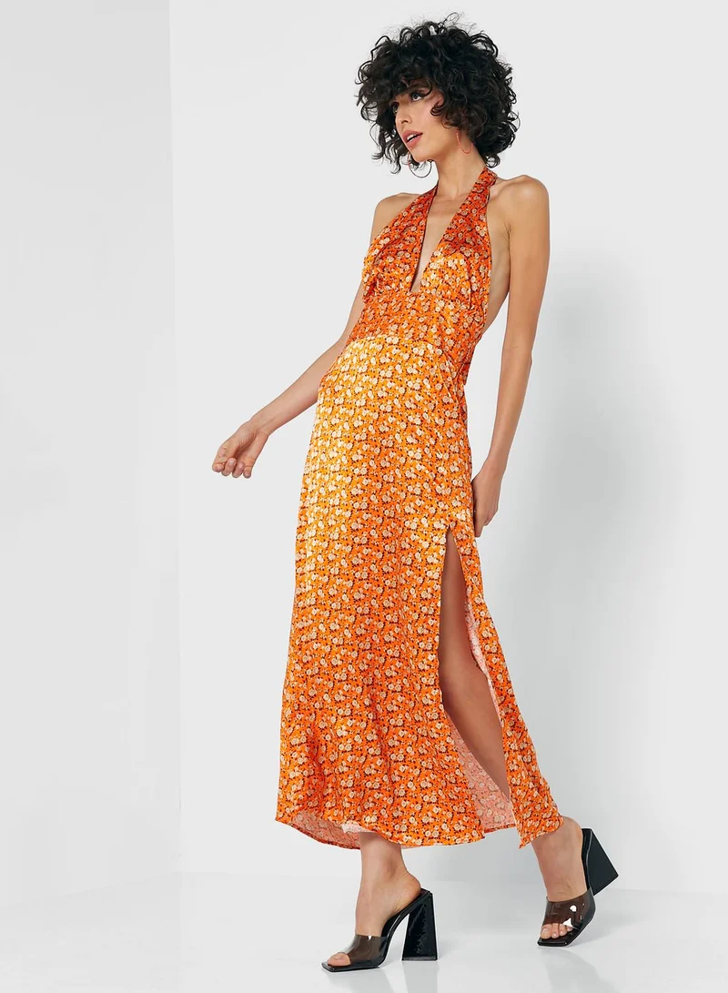 TOPSHOP Halter Neck Split Detail Printed Dress