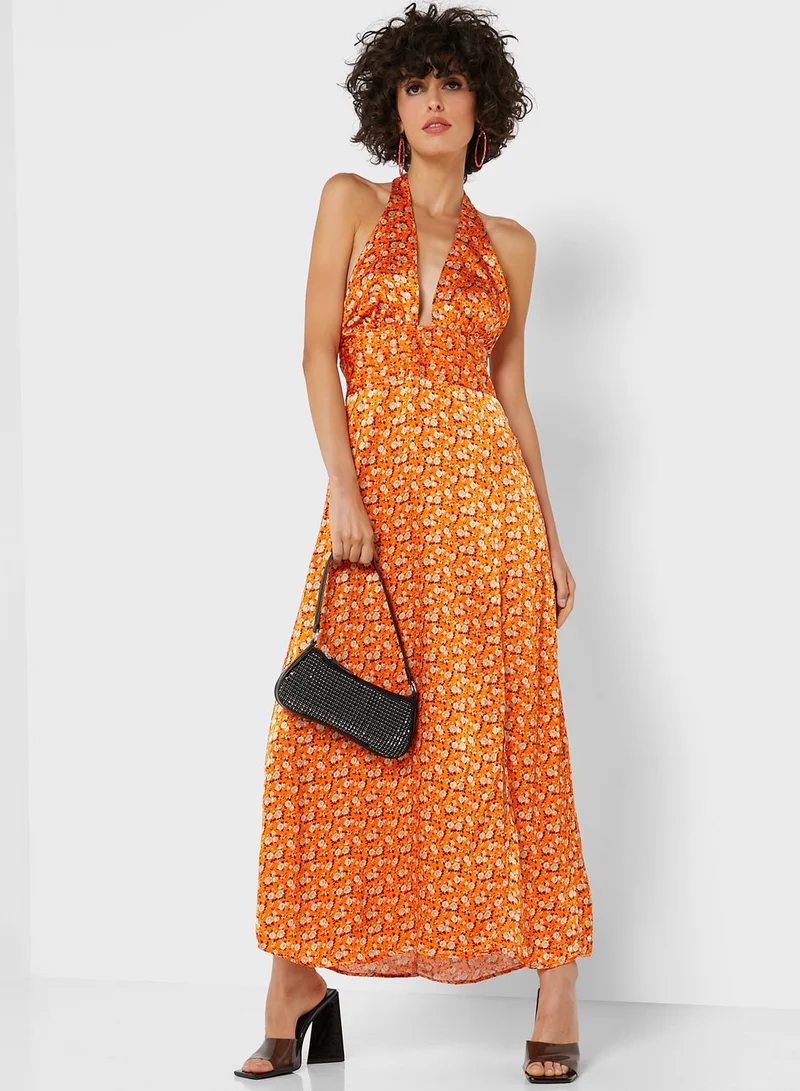 TOPSHOP Halter Neck Split Detail Printed Dress