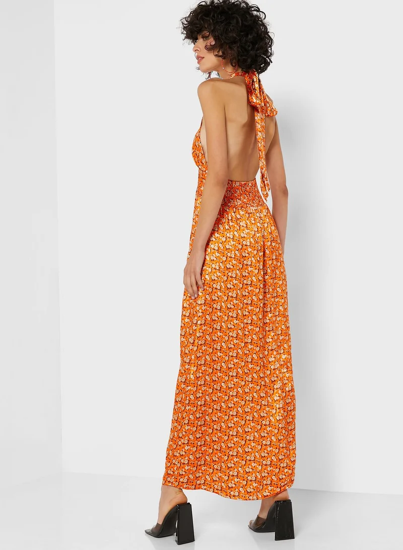 TOPSHOP Halter Neck Split Detail Printed Dress