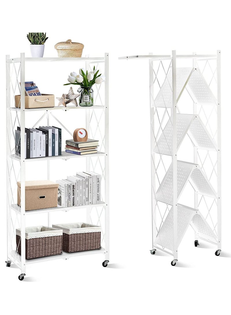 DubaiGallery 5 Tier Foldable Bookshelf Metal Storage Shelves with Wheels No Assembly Kitchen Garage Pantry Organization for Living Room Study Greenhouse - Image 1