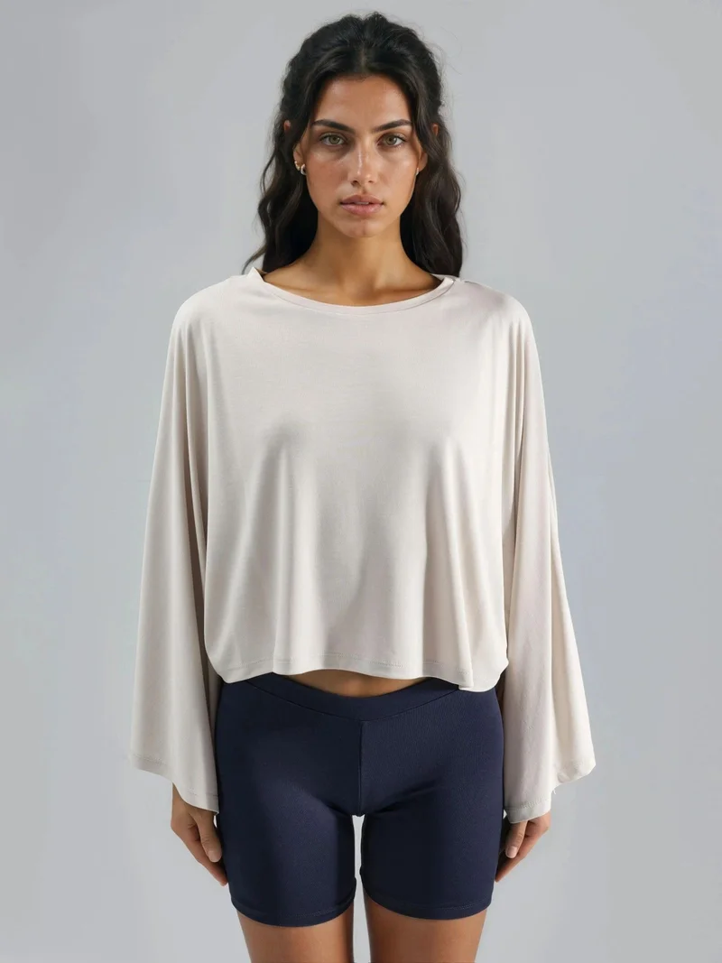 Busem Beige Natural BUSEM Loose Fit Boat Neck Blouse for Women | Best Price UAE