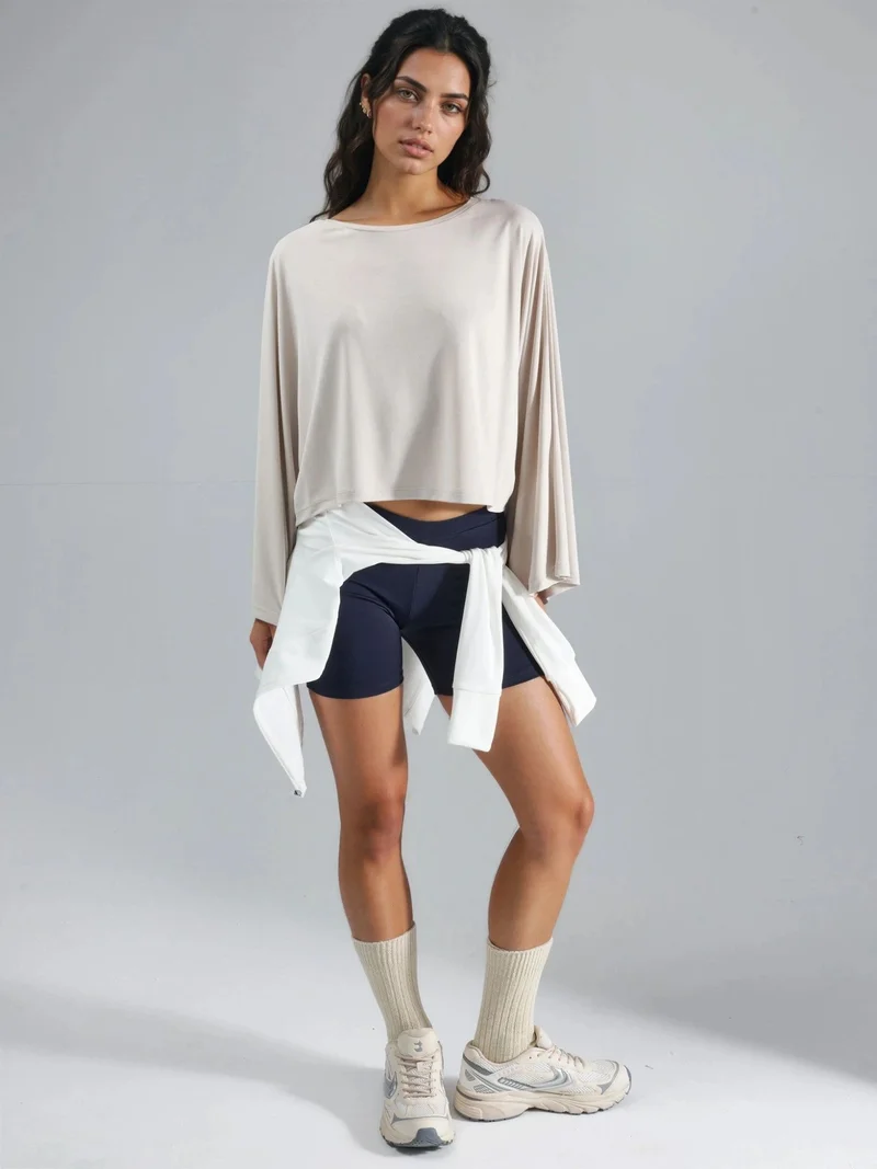 Busem Beige Natural BUSEM Loose Fit Boat Neck Blouse for Women | Best Price UAE