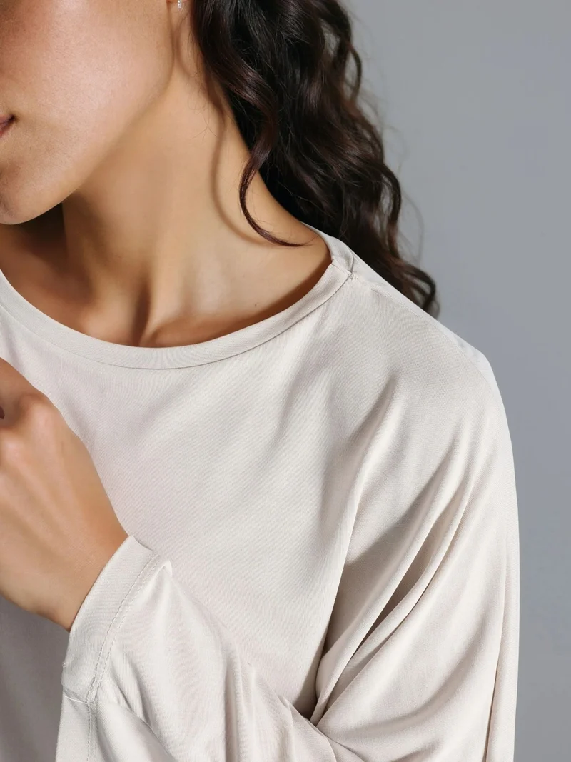 Busem Beige Natural BUSEM Loose Fit Boat Neck Blouse for Women | Best Price UAE