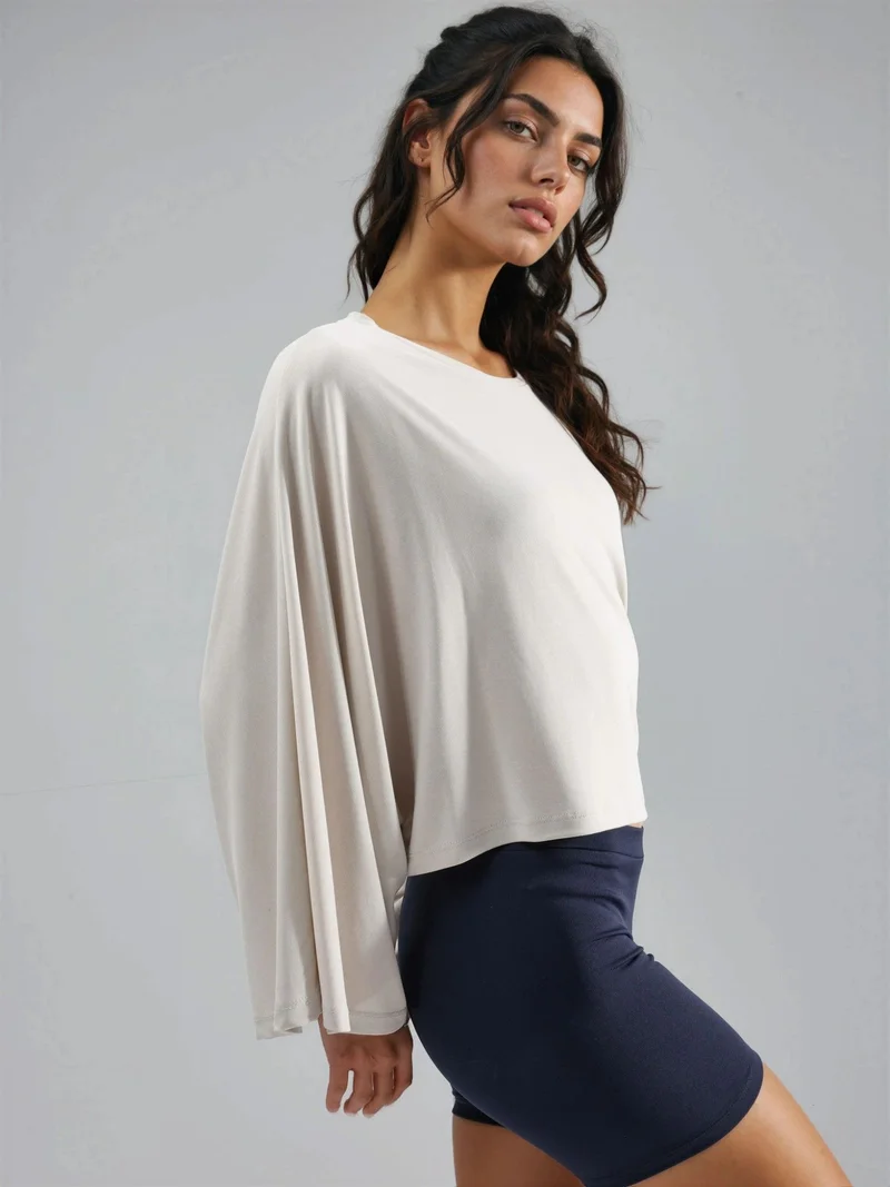 Busem Beige Natural BUSEM Loose Fit Boat Neck Blouse for Women | Best Price UAE