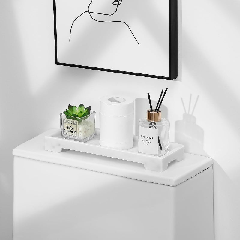 Luxspire Bathroom Vanity Tray, Resin Toilet Tank Tray, Kitchen Trays, 11" x 4" Rectangle Bathroom Tray for Counter, Marble Tray for Soap Dispenser Perfume Jewelry, Small, White Marble - Image 3