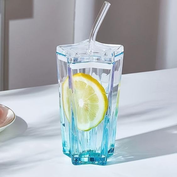 Glassbunny Sipper Star Shape Mug 400MLSky Blue Creative 400ml FivePointed Star with Lid Glass Student Household Straw Star Water Glass Multi Color 1 - Image 1