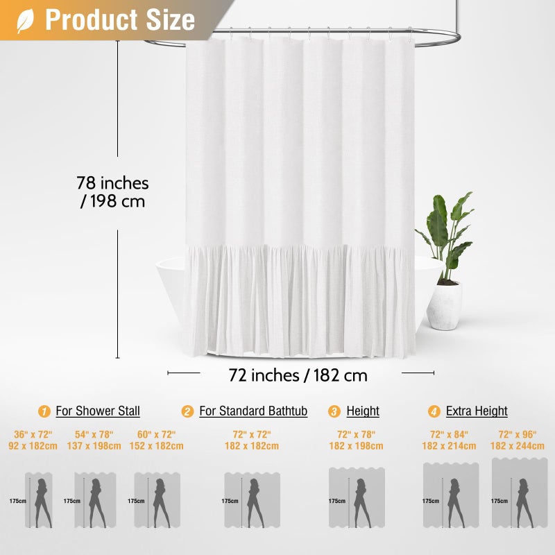 BTTN 78 Inch Long Shower Curtain - Farmhouse Thick Fabric Linen Shower Curtain Set with Plastic Hooks  Tall Rustic Country Cloth Shower Curtains for Bathroom with Ruffle Hem - White - 72x78 - Image 5