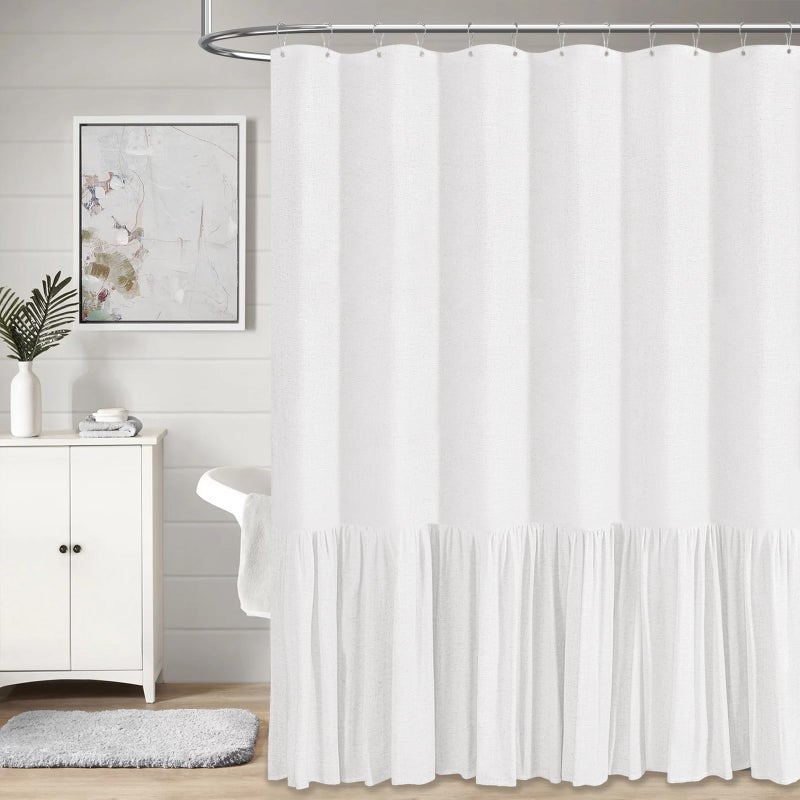 BTTN 78 Inch Long Shower Curtain - Farmhouse Thick Fabric Linen Shower Curtain Set with Plastic Hooks  Tall Rustic Country Cloth Shower Curtains for Bathroom with Ruffle Hem - White - 72x78 - Image 1