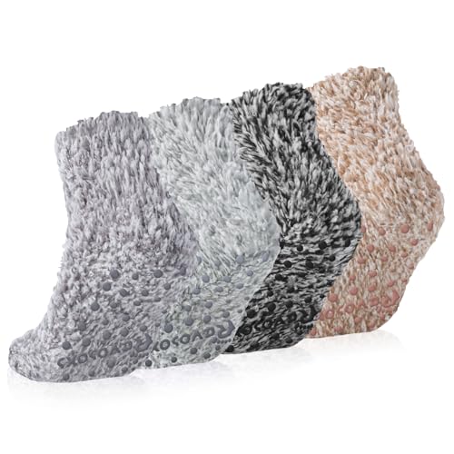 Revosoxs Fuzzy Grip Socks for Women Men,Thick Warm Slipper Cozy Fluffy Non Slip Ankle Hospital socks With Grips.（Grey+Black+Brown+Light Grey） - Image 1