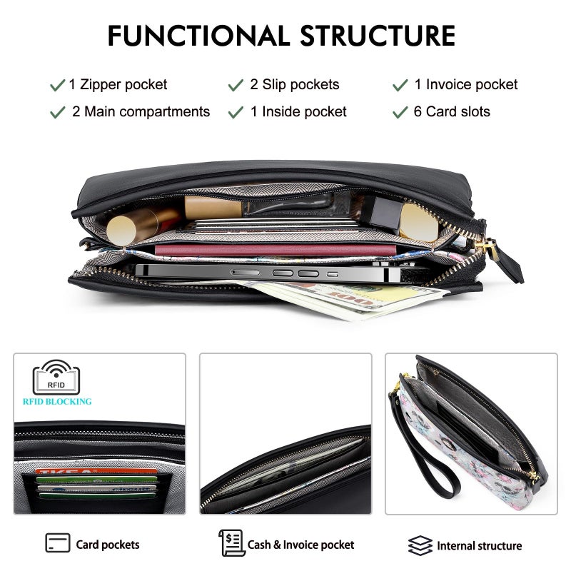 PEACOCKTION Peacocktion Wristlet Clutch Wallet Purses for Women, Women's Small Cell Phone Bag with RFID Card Slots (Black Floral)  - Image 3