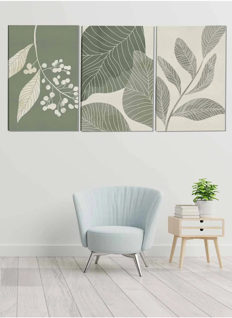 LOWHA Set Of 3 Canvas Wall Arts Stretched Over Wooden Frame Leaves Botanical Paintings