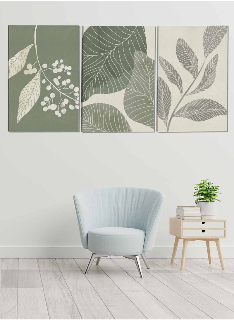 LOWHA Set Of 3 Canvas Wall Arts Stretched Over Wooden Frame Leaves Botanical Paintings  - Image 1