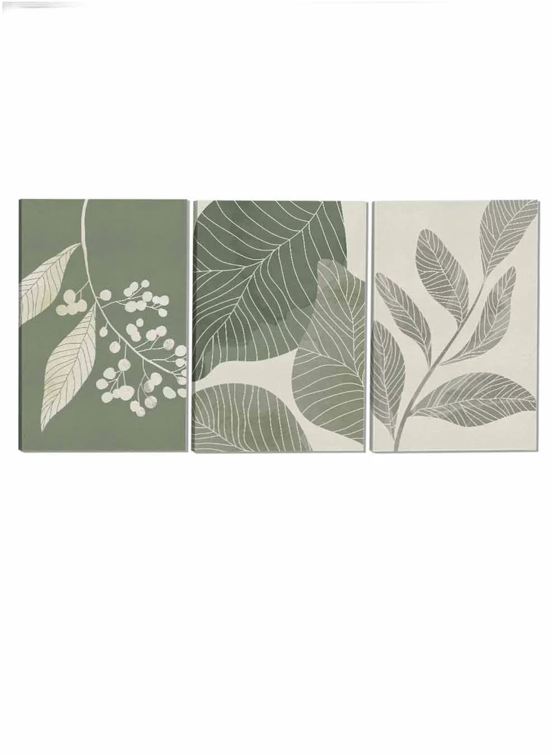 LOWHA Set Of 3 Canvas Wall Arts Stretched Over Wooden Frame Leaves Botanical Paintings